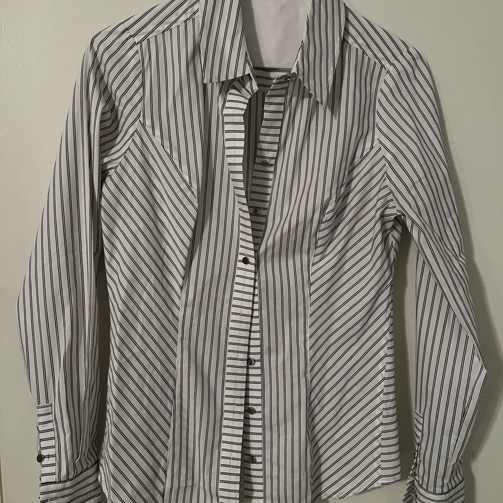 White House Black Market Black and White Blouse with Striped Pattern